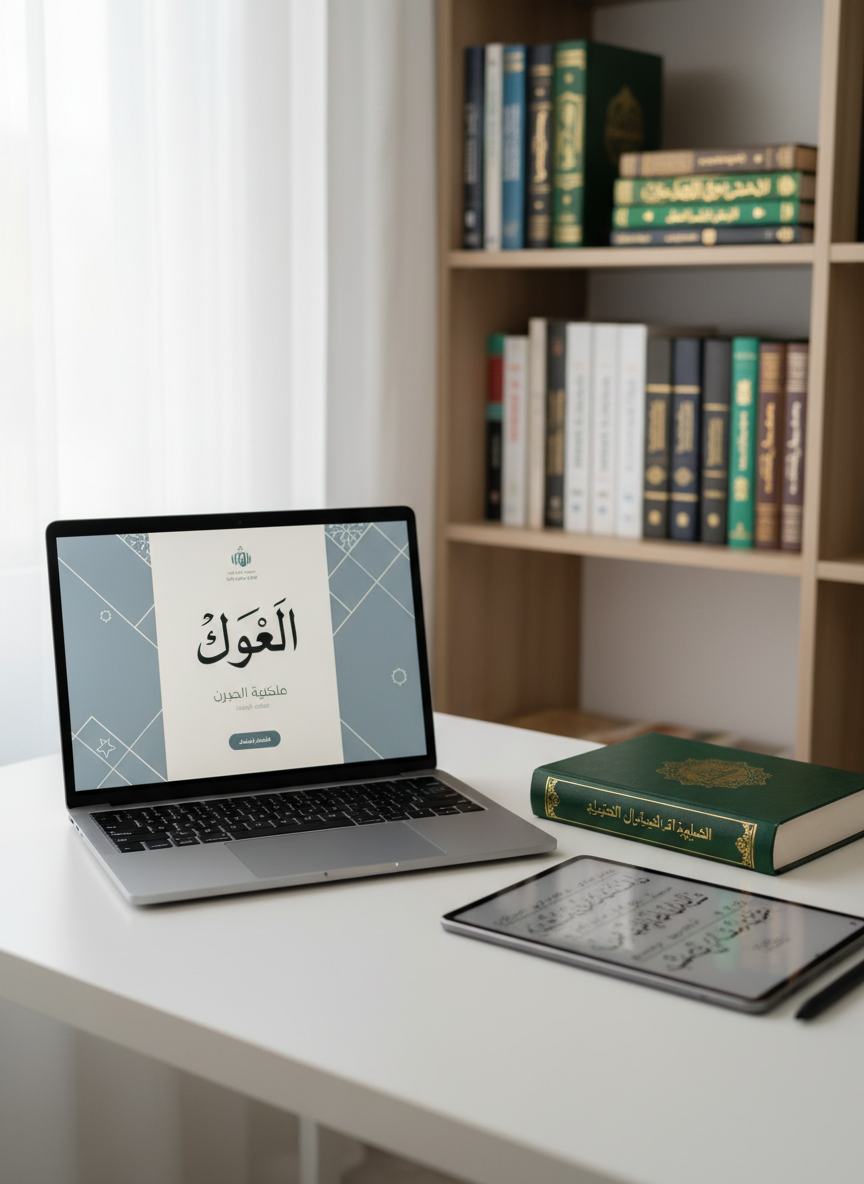 A quiet, organized online learning corner with a slim, silver laptop displaying a clean Arabic lesson interface on a crisp white desk. Next to the laptop lies a dark green hardcover Arabic grammar book, its gold-stamped title in Fusha script catching soft, diffused daylight from a nearby window. A simple digital tablet with a stylus shows handwritten Tajweed notes in rich black ink. The background features a minimalist bookshelf with neatly lined Qur’anic and language texts, all slightly blurred. Photographic realism with an eye-level composition and balanced framing emphasizes clarity and structure. The mood is professional, inviting, and flexible, suggesting remote Arabic, Hifz, and Tajweed lessons delivered with care and precision.